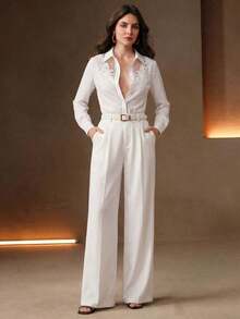 Blusa blanca elegante bordada, camisa de manga larga con diseño calado, adecuada para la primavera - Blanco - Ver 5