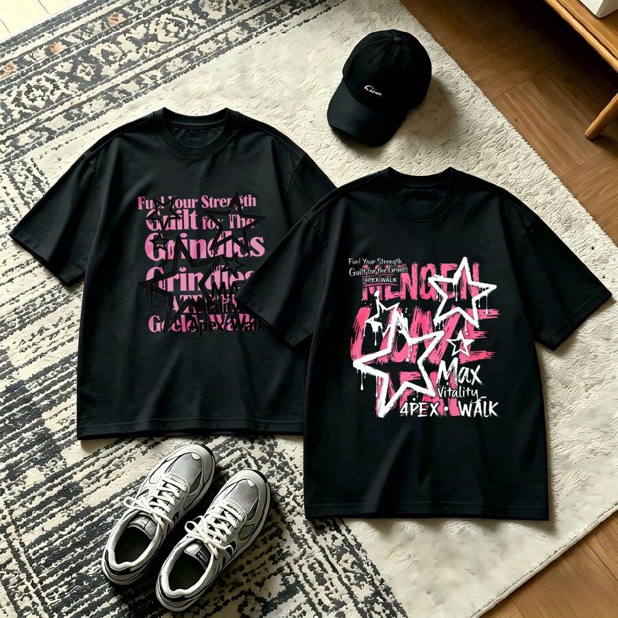2-Piece Couple Matching Pattern T-Shirt, 100% Cotton, Loose Fit, Soft And Breathable, Casual Round Neck Short Sleeved Top Star Max Apex Walk Versatile Patterns No Picky Combinations Coordinated Dating Casual Travel Simple And Cartoonish Printing Styles High Cost-Effectiveness Couple Lovers Matching - 黑色 - 查看 1