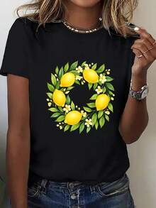 Camiseta Casual de Verano para Mujer Talla Grande - Camiseta de Cuello Redondo Blanca con Estampado de Limones, Corte Holgado, Adecuada para Ropa Urbana Diaria, Camiseta Casual para Todas las Temporadas, Ideal para Uso Casual y Formal, un Esencial Versátil para el Guardarropa, Diseño con Patrón Geométrico, Material Cómodo, Camiseta Chic y a la Moda para Amantes de la Moda. - Negro - Ver 2