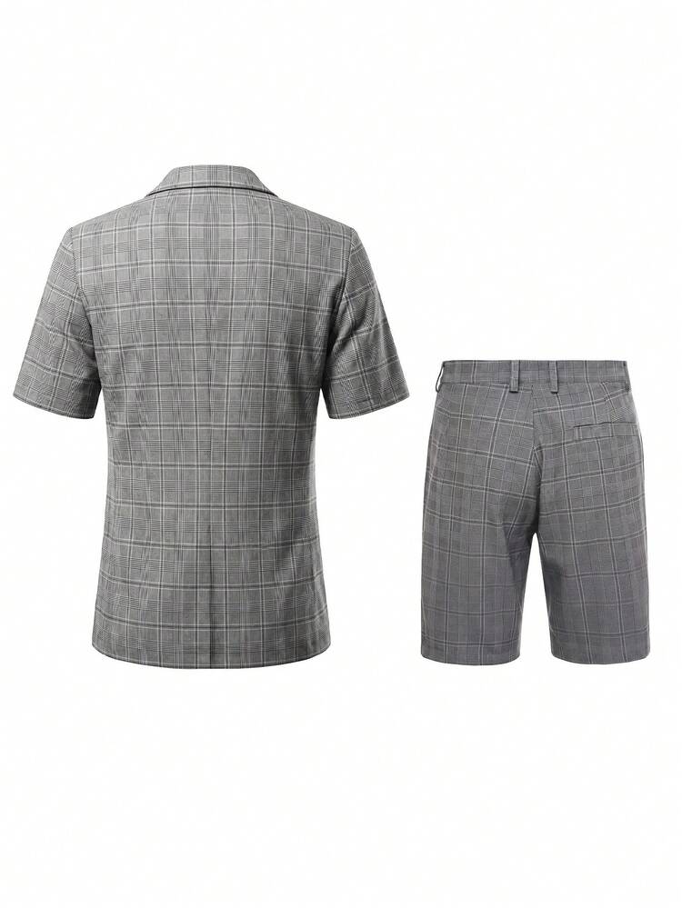 Men's Plaid Short Sleeve Suit Jacket And Shorts Set, Casual Outfit Suitable For Daily Commute, Leisure, Business Events In Summer - Black - View 6