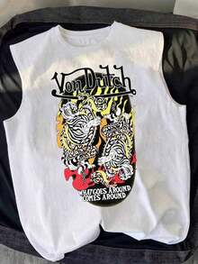 New Summer Styles  Van Dutch Tiger Flame What Goes Around Distressed Oversized Graphic Tank Top Men's Sleeveless Pure Cotton Vest Loose Fit, Biker Streetwear Japanese Tattoo Aesthetic Baggy 100% Cotton Pullover Gift - trắng - Xem 1