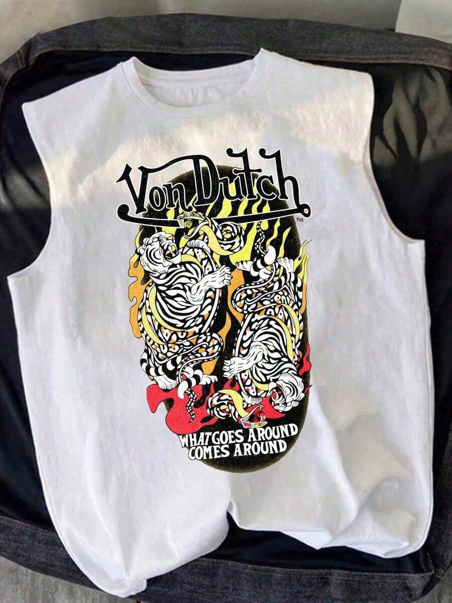 New Summer Styles  Van Dutch Tiger Flame What Goes Around Distressed Oversized Graphic Tank Top Men's Sleeveless Pure Cotton Vest Loose Fit, Biker Streetwear Japanese Tattoo Aesthetic Baggy 100% Cotton Pullover Gift - trắng - Xem 1