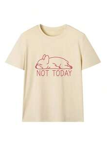 Camiseta de Algodón Holgada para Mujer, Manga Corta Cuello Redondo con Estampado de Conejo Dormido y Texto "Not Today", Top Casual de Moda para Verano, Uso Diario - Albaricoque - Ver 3