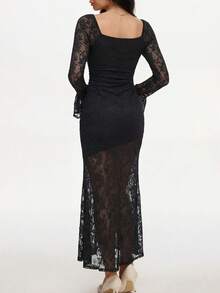Vestido ajustado de encaje manga larga estilo sensual - Negro - Ver 4