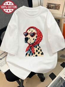 Camiseta de Mujer 100% Algodón con Estampado de Dálmatas, Moderna y Fresca |   Camiseta Vintage con Diseño Creativo "Perro Manchado con Bufanda de Lunares Rojos y Gafas de Sol", Estilo Urbano Transpirable, Corte Holgado, Manga Corta Casual, Ideal para Amantes de los Perros y como Regalo, Diseño Único y Original, Cómoda de Usar - Camiseta Vintage de Estilo Urbano Unisex de Algodón, Manga Corta y Cuello Redondo. blusas.blusas casuales para dama. - Blanco - Ver 6