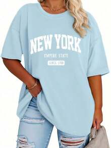 Plus Size Women's Mid-Length Short-Sleeve T-Shirt, Casual And Loose Style, With "New York" Letter Print On The Round Neck - 藍色2 - 查看 3