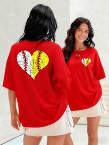 Corazón de béisbol y softbol diseño envejecido une la pasión deportiva con un toque vintage camiseta de mujer 100% algodón muestra tu amor por los deportes con este diseño único que captura la esencia del juego. Adecuado para primavera, verano y otoño - Rojo - Ver 7