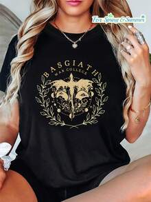 Tallas Grandes - Tallas Grandes - Momentos Misteriosos, la 'BASGIATH WAR COLLEGE' presenta una elegante camiseta casual de cuello redondo para mujeres de tallas grandes, adornada con motivos de alas, luna y nubes, perfecta para primavera y verano. - Negro - Ver 2
