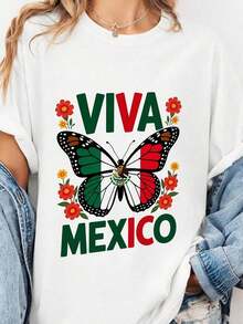 Viva Mexico T-Shirt With Mexican Butterfly Flag For Independence Day, 100% Cotton, Short Sleeve, Crew Neck, Unisex, Mexican Pride, Heritage Gift, Monarch Floral Graphic T-Shirt, Five Of Ma-3 Blouses For Women - 白色 - 查看 9