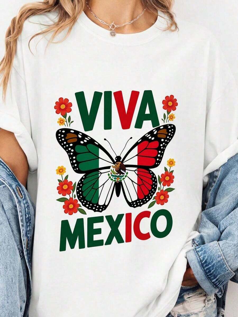 Viva Mexico Casual T-Shirt With Mexican Butterfly And Independence Day Flag Print, 100% Cotton, Short Sleeve, Crew Neck, Unisex, Mexican Pride, Heritage Gift, Monarch Floral Graphic T-Shirt, Cinco De Ma-3Fashion - 白色 - 查看 1