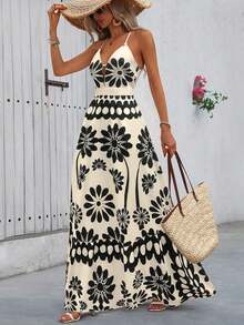 Vestido casual de línea A con estampado completo, escote cruzado y espalda descubierta, para primavera y verano, para vacaciones de mujer - Azul marino - Ver 5
