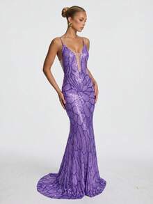 Glamorous Lavender Sequin Deep V-Neck Backless Mermaid Long Train Party Evening Gown (Front Top Half, Back Random Floral Pattern, Not Matched) Wedding - Mauve Purple - View 5