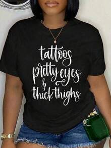 Camiseta unisex de manga corta, Hecho en EE.UU., Camiseta con estampado de tatuajes, ojos bonitos y muslos gruesos, para hombre y mujer, cómoda, suave, con cuello redondo, playeras hombre, spiderman, ,  mujer, romwe men, boho chic, regalos para maestras, camiseta para mujer, conjuntos curvy para hombre, y2k - Negro - Ver 1