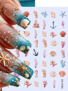 5D Ocean Nail Art Stickers Embossed Starfish Seashell Seahorse Coral Decals Self-Adhesive Beach Nail Sliders For Summer Manicure - Multicolor - View 4