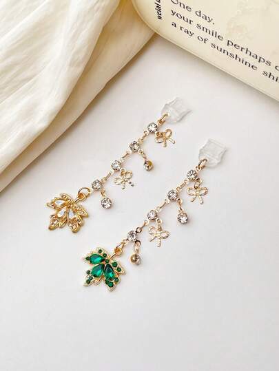 1pc Rhinestone & Faux Crystal Maple Leaf Phone, Laptop Anti-Dust Plug, Luxury Women Phone Tassel Accessory, Suitable For Type-C Charging Port