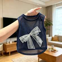 1pc Pet Dog Clothes, Navy Blue With White Mesh Bow Decor, Mesh Fabric, Sweet Style Vest, Suitable For Cats And Small Dogs, Spring/Summer - Multicolor - View 6