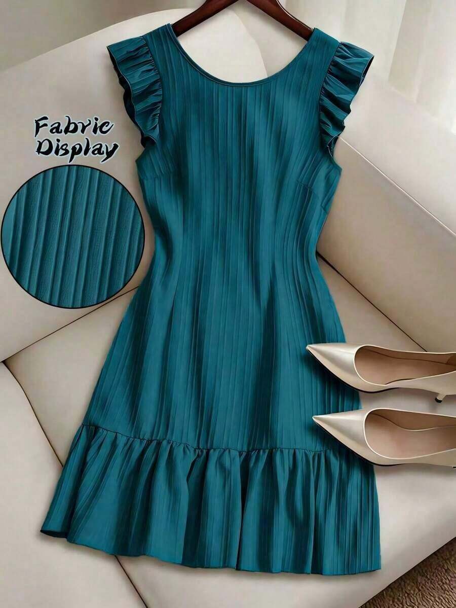 Vestido bohemio de color azul sólido con mangas cortas, textura ondulada y casual para mujer de talla grande, ideal para vacaciones de primavera/verano - Azul - Ver 1