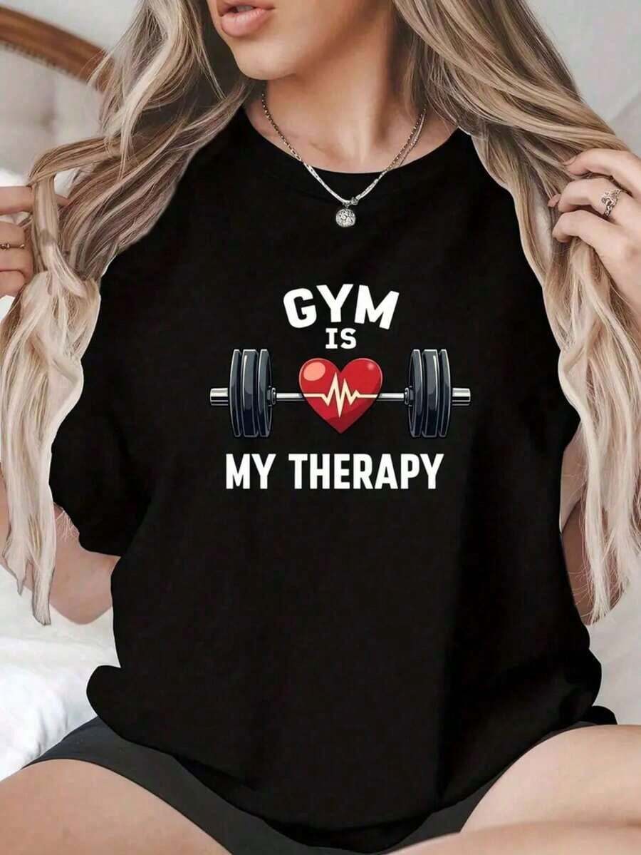 Camiseta Mujer Manga Corta Grafico Gym Therapy Cuello Redondo Estilo Moderno Casual - Negro - Ver 1