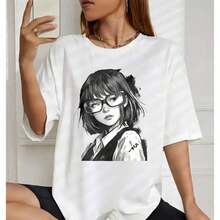 Women's Korean Style Summer Printed Cotton T-Shirt, With Portrait Of A Girl With Glasses, Short Sleeve, Round Neck, High Quality Top For Ladies. - 白色 - 查看 4