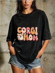 Corgi Mom Print T-Shirt - Fun, Comfortable, Fashionable - Perfect Gift For Dog Lovers, Lightweight 180G Women's T-Shirt, Ideal For Summer Holidays And Family Gatherings GDJ1 - 黑色 - 查看 6