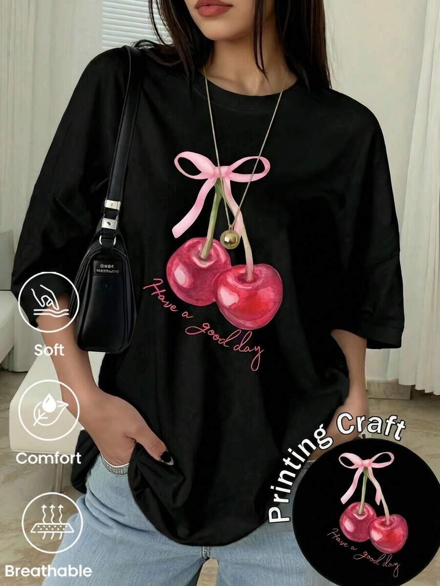 180g Made In Mexico, Spring/Summer 2026 Fashion Short Sleeve T-Shirt, Cartoon Print, Couple Style, Underwear/Outerwear, Casual Round Neck For Office, Unisex One Piece Top - 黑色 - 查看 1