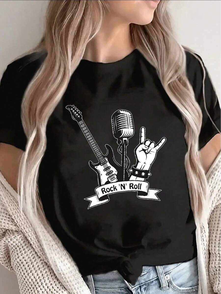 Women's Black Rock T-Shirt, Lightweight Short-Sleeved Design, Printed With Guitar And Microphone, Perfect For Concerts, Parties Or Everyday Wear, Black Base With White Print - Unisex Cotton T-Shirt, Short Sleeve, Round Neck, Urban Vintage Style. - 黑色 - 查看 1