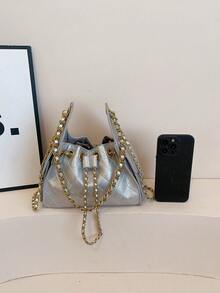 Bolso de cubo con cordón, bolso de hombro cruzado de gran capacidad con patrón de rombos para mujer, bolso de mano para ir al trabajo - Plateado - Ver 5