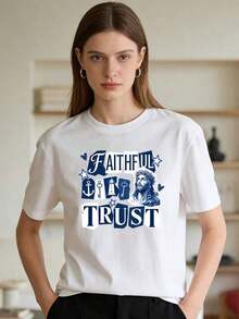 1 Piece Of Women's Pure Cotton T-Shirt With Easter Jesus Print, Printed Tee, Casual Summer Round Neck T-Shirt, Everyday Wear T-Shirt For Women, Available In White/Black/Pink/Green/Navy, 180g, 100% Cotton. - 白色 - 查看 9
