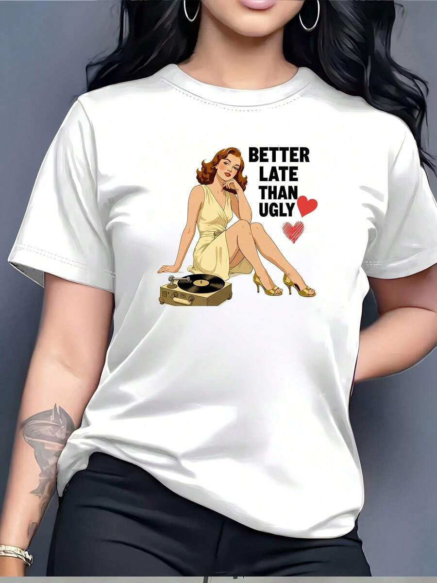 Camiseta de mujer 100% algodón con estampado moderno "Llegar tarde es mejor que ser feo" - Un regalo familiar perfecto, ideal para vacaciones de verano, actividades de team building en la oficina y moda diaria. Camiseta de mujer de color sólido simple, corte holgado y ajustado, manga corta informal. - Blanco - Ver 1