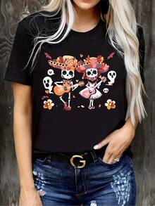Women's T-Shirt: Casual Short-Sleeved Crew Neck T-Shirt With A Day Of The Dead Print. Made From A Soft Blend With Spandex, This Stretchy Crew Neck T-Shirt Is Machine Washable-Perfect For Spring And Summer-A  Lightweight Summer Short-Sleeved T-Shirt. Women's T-Shirts. - 黑色 - 查看 8