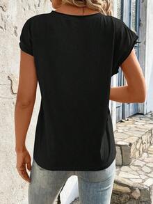 Camiseta de cuello redondo sólida, casual para el verano - Negro - Ver 4