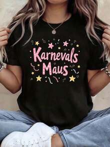 Women's Top German Carnival Mouse Theme T-Shirt For Women - Star And Stripe Decoration And Slogan, Casual Short Sleeve, Festive German Carnival Top Pink-Yellow 2026 - 黑色 - 查看 9