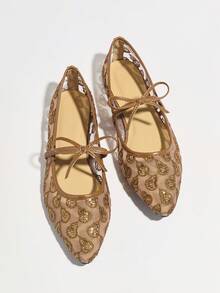 Plus Size Women's Mesh Bow Flat Loafers, Brown Pointed Toe Sequin Hollow Butterfly Pattern Breathable Versatile Ballet Shoes, Slip-On Dress Shoes For Summer - Brown - View 7