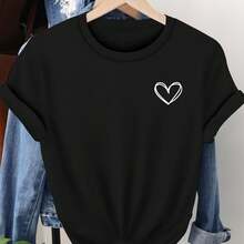 Short-Sleeved, Round-Neck T-Shirt With Love Pattern And Love Line Print, Short-Sleeved T-Shirt With Love Line Print, White And Orange Round-Neck Top For Everyday Wear - 黑色 - 查看 1