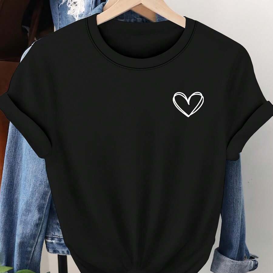 Short-Sleeved, Round-Neck T-Shirt With Love Pattern And Love Line Print, Short-Sleeved T-Shirt With Love Line Print, White And Orange Round-Neck Top For Everyday Wear - 黑色 - 查看 1