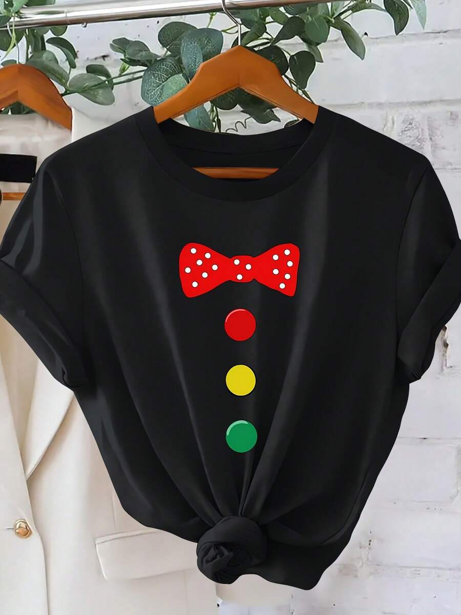Women's Short Sleeve T-Shirt With Button And Bow Detail, Clown Theme, Basic Print. Versatile Casual Top For Everyday Wear In Spring And Summer. Stylish Clothing For Carnival Parades. Sporty And Modern Design With Simple Round Neck, Comfortable And Breathable - màu đen - Xem 1