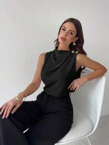 Camisa de oficina blanca sin mangas con cuello plisado asimétrico y botones metálicos, elegante y versátil para el uso diario, primavera/verano - Negro - Ver 5