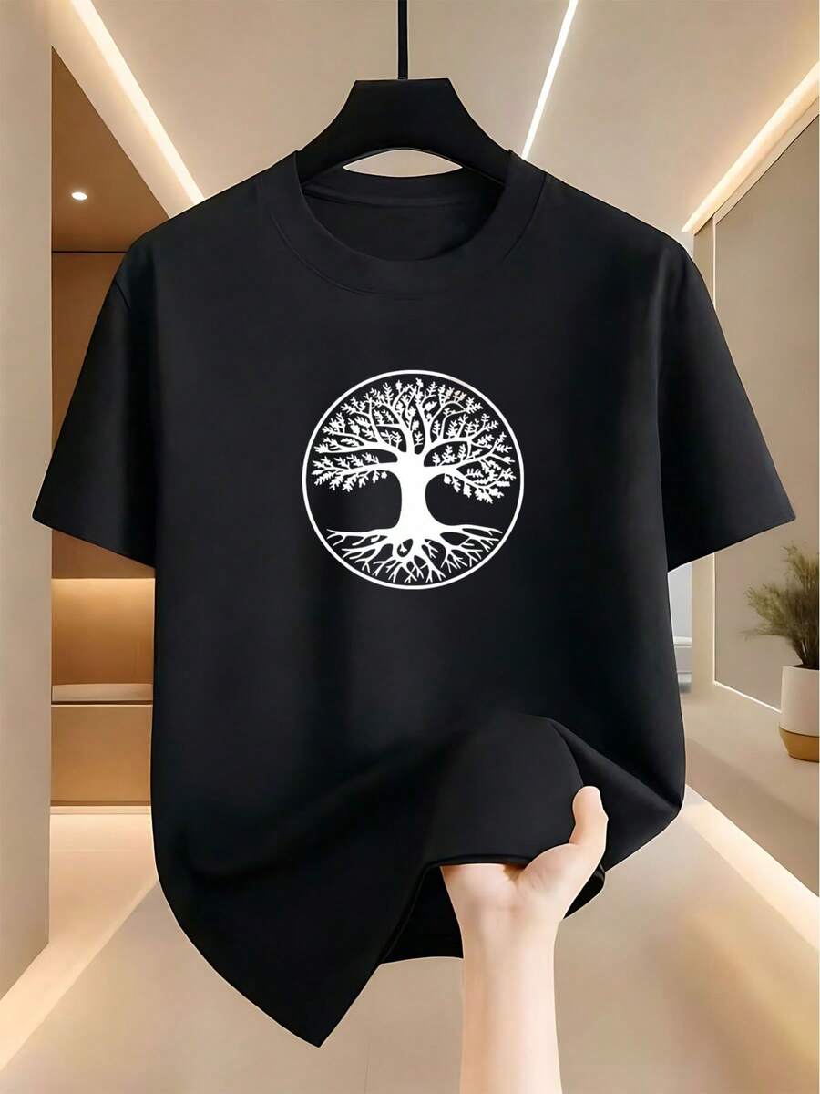 Camiseta para hombre con estampado espiritual 'Árbol de la Vida Yggdrasil', ropa de calle casual, manga corta, cuello redondo - Negro - Ver 1