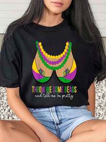 1 Piece Women's T-Shirt With Mardi Gras Bead Print And Bra, Carnival Theme, Everyday Wear, Round Neck, Short Sleeve, Soft And Comfortable, 220 G/M², 180 G, 100% Cotton - 黑色 - 查看 1