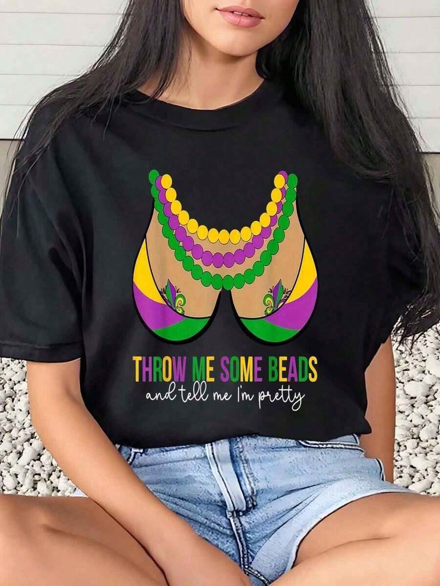 1 Piece Women's T-Shirt With Mardi Gras Bead Print And Bra, Carnival Theme, Everyday Wear, Round Neck, Short Sleeve, Soft And Comfortable, 220 G/M², 180 G, 100% Cotton - 黑色 - 查看 1