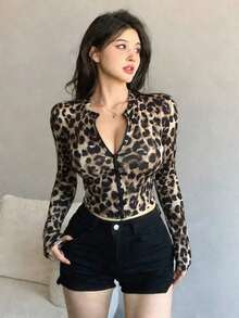 Chaqueta corta casual de verano de unicolor, de cuello redondo, de manga larga y con abertura frontal, ajustada para mujer - Marrón 6 - Ver 2