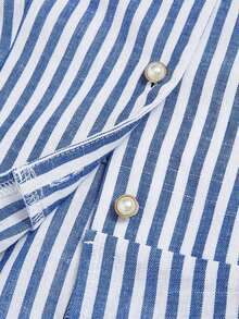 Nueva llegada Blusa de verano minimalista y elegante para mujer con diseño de hebilla de metal, cuello en V sin mangas y cintura ceñida a rayas de algodón cómodo - Azul y blanco - Ver 8
