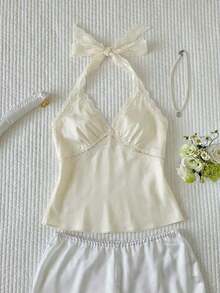 Top halter sin espalda con parches de lunares y encaje para mujer - Beis - Ver 6