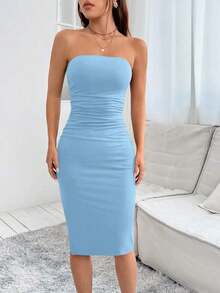 Vestido corto de verano ajustado tipo tubo con abertura lateral - Azul - Ver 7