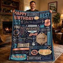 1PC Birthday King Tool Wish Flannel Throw Blanket 50"X60" - Printed With Navy Blue Background, "HAPPY BIRTHDAY" "BIRTHDAY WISHES" "King FOR THE Day" "Birthday Vibes", "You're A Star" "You ROCK!" Quotes, Hand-Drawn Wrench, Hammer, Screwdriver, Guitar, Beer Mug, Tapestry Wall Hanging, Birthday Gift, Room Decor For Bedroom Or Living Room -280gsm - 多色 1 - 查看 12
