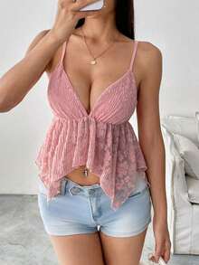 Camiseta de mujer con escote en V sexy y bajo asimétrico de encaje - Rosa Pálido - Ver 5