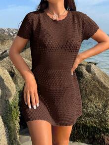 Conjunto de ropa de verano para mujer - Cubierta de playa de unicolor con cortes huecos, estilo de vacaciones de verano - Marrón - Ver 4