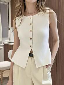 Blusa de punto sin mangas con botones delanteros de unicolor para uso casual y de oficina para mujeres - Blanco - Ver 1