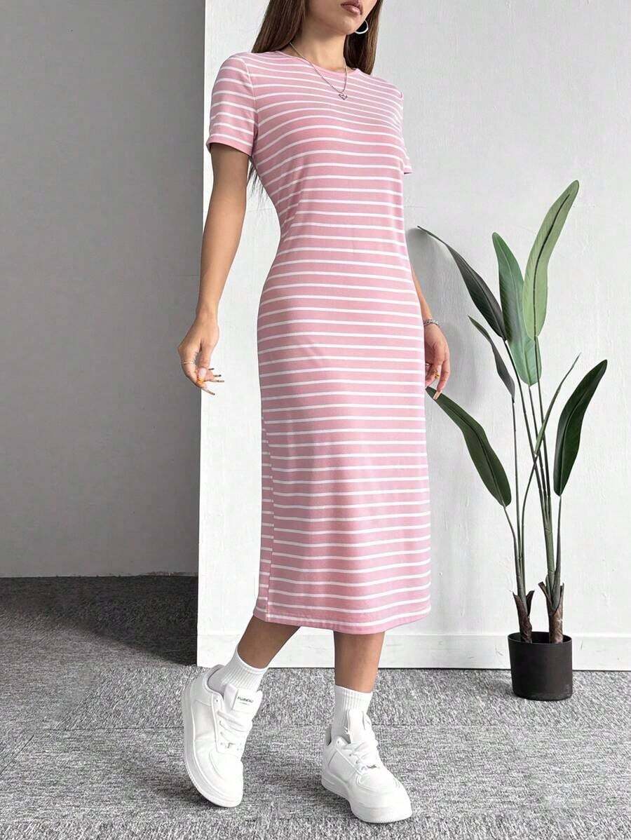 Vestido casual de verano de manga corta tejido a rayas en blanco y negro con estampado - Rosa vieja - Ver 1