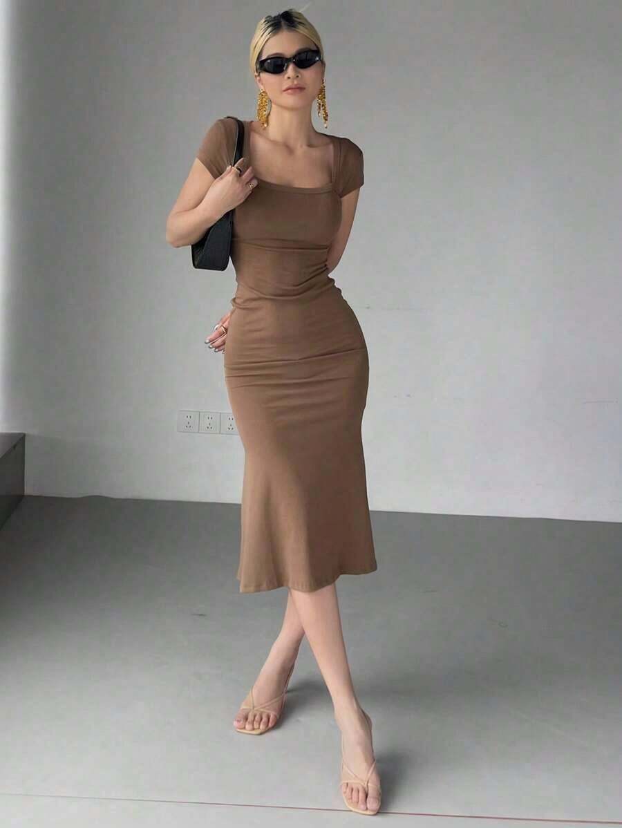 Vestido midi de cóctel de cuello cuadrado envolvente de unicolor con cola de pez para mujer - Marrón Chocolate - Ver 1